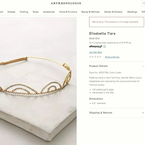 Anthropologie Jennifer Behr Elisabetta Tiara 12K Plated Gold - Picture 4 of 10